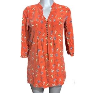 Fossil 100% Silk Tunic Top Novelty Bird Print 3/4 Sleeve Boho Small Burnt Orange